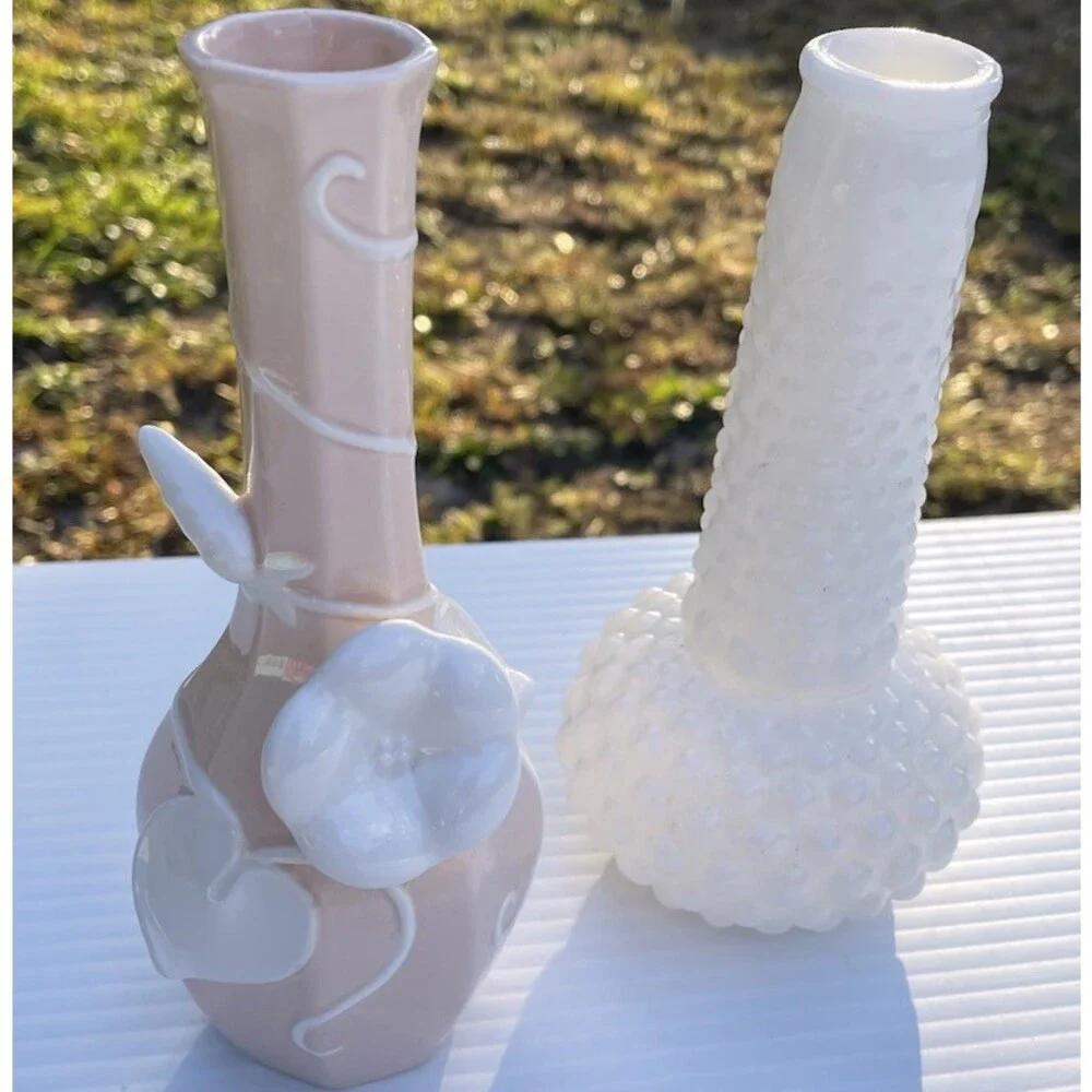 Vintage 1982 Japan Pink Floral Vase & White Hobnail Milk Glass Vase 2pc Lot